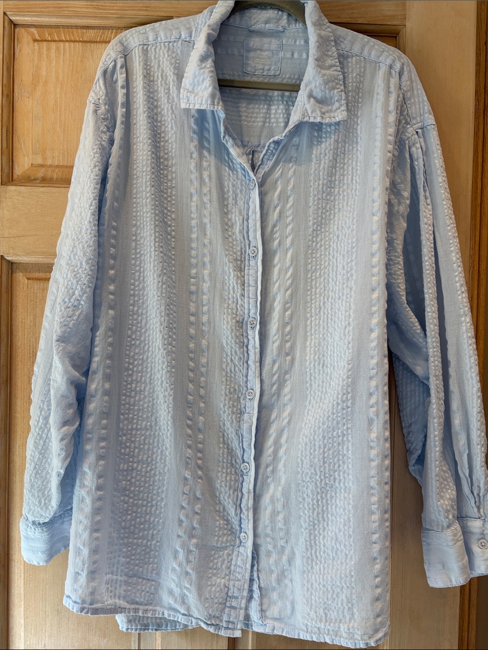 aerie Blue Textured Seersucker Long-Sleeve Button-Down Shirt XXL 100% cotton